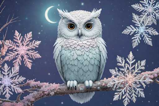 This detailed, computer-generated image features a white owl perched on a branch, set against a dark blue night sky. The owl, with its striking orange eyes and black pupils, has a gray beak and white feathers that transition to a light gray on its chest. Its head is adorned with two tufts of feathers, resembling eyebrows, and it has black talons gripping the branch. The branch itself is brown with pinkish hues and is dotted with delicate pink flowers. Surrounding the owl are several snowflakes, varying in size and color, with some appearing white and others pink. A crescent moon is visible in the top left corner of the image, adding to the serene, wintry atmosphere.