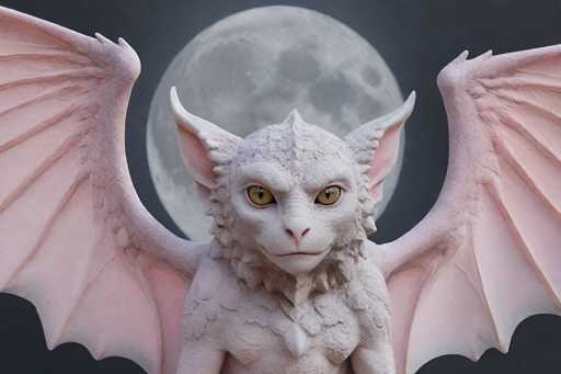 The image depicts a highly detailed, computer-generated creature that appears to be a fusion of a bat, cat, and wolf. The creature's body is primarily white with a textured, scaly appearance, and it has striking yellow eyes with black pupils. Its face features a long snout, pointed ears, and a small horn-like protrusion on its forehead. The creature's wings are outstretched, revealing pinkish veins and a lighter pink interior, with the tips of the wings cut off by the edges of the image. The background is a dark gray, almost black, with a large, detailed full moon positioned directly behind the creature, casting a subtle glow. The moon's craters and surface are clearly visible, adding to the eerie atmosphere of the scene.