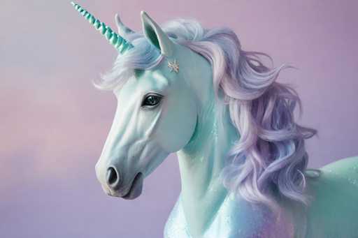 This image features a highly detailed, computer-generated rendering of a majestic unicorn. The unicorn's body is primarily white with a subtle greenish tint, and it has strikingly large, expressive eyes that are a mesmerizing blend of blue and green. Its mane is a stunning gradient of purple and blue, flowing gracefully down its back. The unicorn's horn is a vibrant green, adding to its magical appearance. A delicate star adorns its forehead, enhancing its ethereal charm. The background is a soft, dreamy blend of pink and purple hues, which complements the unicorn's colors beautifully. The unicorn is positioned facing left, with its head slightly turned towards the viewer, allowing us to appreciate the intricate details of its face and mane. The overall composition exudes a sense of wonder and enchantment, making it a captivating visual experience.