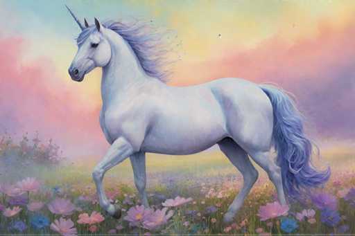 The image depicts a white unicorn with blue mane and tail galloping through a field of purple flowers. The background is a vibrant mix of pink and orange hues, suggesting either sunrise or sunset.