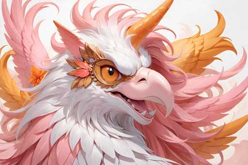 A close-up digital painting showcases a fantastical creature with a bird-like head and body. The main subject is a pink, feathered being with a prominent golden horn, large orange eyes, and a sharp, open beak revealing white teeth. Its feathers are a mix of soft pink and vibrant orange hues, creating a dynamic texture. The creature's head is adorned with an ornate golden headdress featuring orange floral details and a small, dark gem. The background is a soft, pale white, emphasizing the creature's detailed form and vibrant colors. The art style is digital painting with a focus on soft lighting, intricate details, and a slightly fantastical, mythical aesthetic.