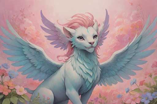 The image depicts a fantastical creature that combines features of a cat, lion, and bird. The creature has a white face with a pink nose and mouth, and striking gray eyes. Its ears are white with pink interiors. The creature's mane is a vibrant pink, reminiscent of a flamingo's feathers, and flows down its back. It possesses large, majestic wings: the front wings are a light blue, while the back wings are a deeper purple. The body of the creature is primarily white with subtle blue and pink accents. It stands in a lush, colorful field filled with flowers of various hues, including pink, blue, yellow, and orange. The background is a dreamy blend of pink and white, enhancing the whimsical and magical atmosphere of the scene.