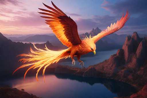 This image is a highly detailed, computer-generated illustration of a majestic phoenix soaring over a serene lake. The phoenix, depicted in vibrant shades of orange, yellow, and red, has its wings fully extended and its fiery tail feathers fanned out behind it. Its sharp, yellow beak and piercing white eyes add to its fierce appearance. The bird's talons are poised as if it's about to land or catch something mid-flight. The background features a tranquil lake surrounded by rugged, rocky mountains, with the sky transitioning from a deep blue to a pinkish hue, suggesting either a sunrise or sunset. The overall scene is rich in color and detail, capturing the mythical essence of the phoenix against a picturesque natural landscape.