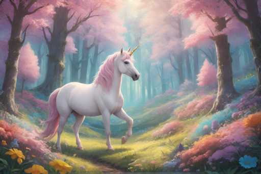 The image depicts a white unicorn with pink mane and tail walking through a forest filled with colorful flowers on the left side of the frame. The background is a light brown color that contrasts with the vibrant colors of the flowers and the unicorn's coat.