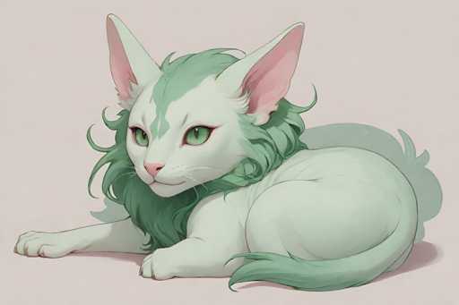 This image features a detailed drawing of a cat with a unique and striking appearance. The cat's body is predominantly white, but it has distinctive green markings that give it a fantastical look. A prominent green stripe runs from the top of its head down to its nose, and it has a mane of long, wavy green fur around its neck, resembling a lion's mane. The cat's ears are large and pointed, with pink insides, and it has piercing green eyes that match the green accents on its body. Its nose is pink, and it has white whiskers. The cat is lying down with its front paws stretched out in front of it, and its tail is curled around its body, extending to the right side of the image. The background is a light pink color, and the cat casts a shadow on the ground beneath it, adding depth to the drawing. The overall style is reminiscent of a children's book illustration, with vibrant colors and a whimsical, imaginative design.