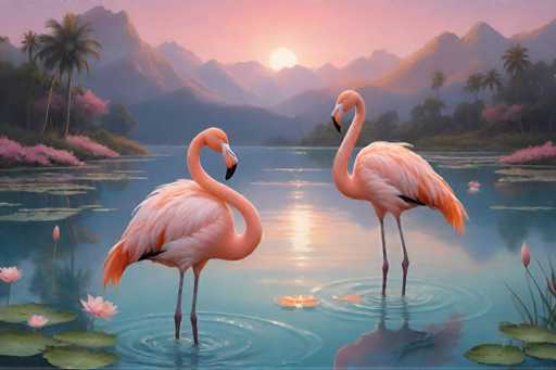 The image depicts two pink flamingos standing on one leg and facing each other near the water's edge. The background features a sunset with mountains and palm trees, creating a serene and picturesque scene.