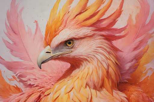 This image features a strikingly detailed painting of a majestic bird, likely a phoenix, set against a light gray background. The bird's head is turned to the left, showcasing its sharp, curved beak that is light yellow with a black tip. Its piercing yellow eye, with a black pupil, adds to its fierce and alert demeanor. The feathers on its head are a vibrant mix of orange and yellow, transitioning to a predominantly white face. The neck and chest area display a beautiful blend of orange, yellow, and white feathers, while the back feathers are a striking pink. The overall composition is rich in color, with the feathers appearing to flow upwards, giving the bird an almost fiery appearance. The painting captures the essence of a mythical phoenix, with its bold and vivid color palette and intricate feather details.