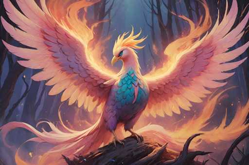 This image is a detailed, computer-generated illustration of a majestic phoenix perched on a dark, charred log in the center of a dense forest. The phoenix, with its wings spread wide, dominates the scene, stretching from the left to the right side of the image. Its plumage is a striking combination of pink, purple, and blue, with a vibrant yellow head and a sharp, yellow beak. The bird's piercing blue eyes add to its mystical allure. Flames, in hues of yellow and orange, emanate from its wings and tail, creating a dramatic effect against the dark, shadowy background. The forest behind the phoenix is filled with tall, leafless trees, their dark trunks and branches adding to the somber, yet enchanting atmosphere. The overall color palette of the image includes shades of pink, purple, blue, yellow, orange, black, and gray, enhancing the fantastical and otherworldly feel of the scene.