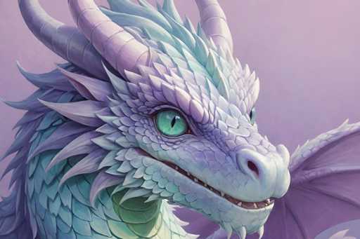 This image features a detailed, computer-generated dragon set against a light purple background. The dragon's head is prominently displayed, facing to the right, with its body extending to the left. Its scales are a striking combination of light blue, purple, and white, with a particularly vibrant green hue around its neck. The dragon's eyes are a vivid green with black pupils, and its mouth is slightly open, revealing a hint of teeth. It has three horns: two on the sides of its head and one on top. The dragon's wings, partially visible, are a darker shade of purple. The overall composition and color palette give the image a fantastical and otherworldly feel.