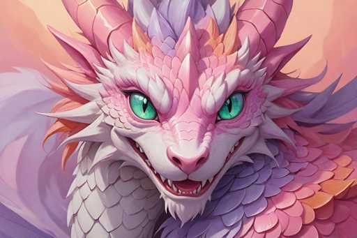 This image features a highly detailed, computer-generated dragon with a strikingly realistic appearance. The dragon's head is predominantly pink, adorned with two prominent horns that are a darker shade of pink. Its face is framed by an array of spikes and scales, with the spikes varying in color from pink to white, and the scales displaying a mix of pink, purple, and orange hues. The dragon's eyes are a vivid green, adding to its lifelike quality. Its mouth is slightly open, revealing a set of sharp teeth and a glimpse of its tongue. The neck area is covered in white scales, transitioning to purple and orange scales as you move towards the body. The background of the image is a soft peach color, which complements the dragon's vibrant palette. The overall composition is rectangular, with the width being greater than the height.