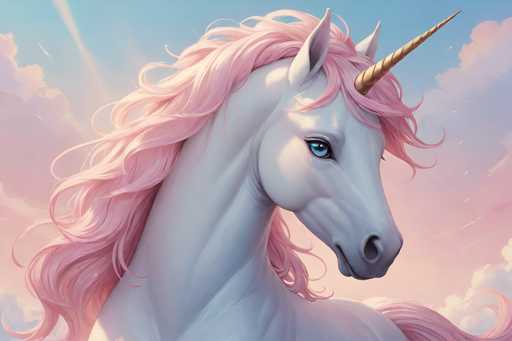 This image features a beautifully detailed, computer-generated unicorn set against a dreamy sky. The unicorn, predominantly white, has a striking pink mane and tail that cascade down its back. Its horn, a blend of gold and brown, adds a touch of elegance to its head. The unicorn's eyes are a mesmerizing blue, and its nostrils are black, providing a subtle contrast. The background is a serene sky with a gradient of blue and pink hues, dotted with fluffy clouds. Sunlight beams down from the top left corner, casting a gentle glow on the unicorn's neck and mane. The overall composition is vibrant and enchanting, capturing the magical essence of the unicorn in a fantastical setting.