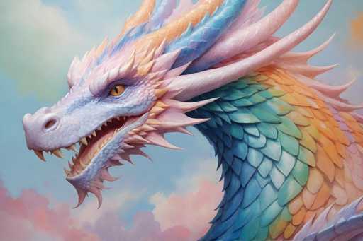 A close-up, detailed digital painting of a fantastical dragon's head. The dragon has scales in shades of pastel blue, peach, and light lavender, with a textured, almost iridescent quality. Its eyes are a vibrant golden-yellow, and its mouth is open, revealing sharp, pointed teeth. The dragon's head is adorned with long, flowing horns and spines that curve upwards. The background is a soft, ethereal blend of pastel pinks and blues, suggesting a cloudy sky or magical atmosphere. The lighting is soft and diffused, highlighting the intricate details of the dragon's scales and features.