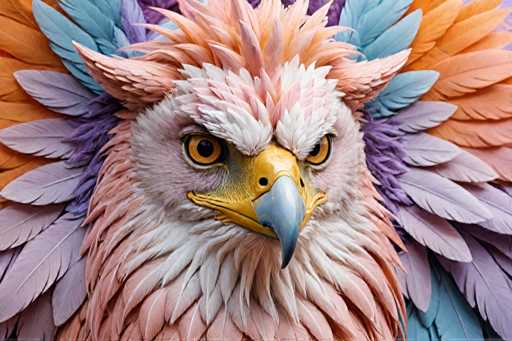 The image shows a close-up view of an eagle's head and wings. The eagle has vibrant colors of pink, blue, orange, and white feathers on its wings and body, creating a striking contrast against the light brown background. The eagle is facing towards the left side of the frame with its eyes open, giving a clear view of its features.