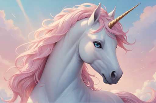 The image features a white unicorn with pink mane and tail against a backdrop of a blue sky dotted with clouds. The unicorn is facing the viewer directly, giving a clear view of its distinctive features.