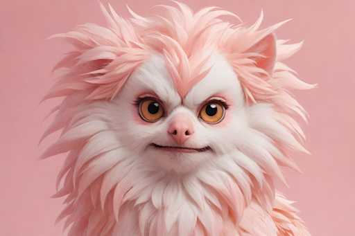 A close-up portrait of a fluffy, pink creature with large, expressive orange eyes dominates the image. The creature's fur is a soft blend of pink and white, with long, feathery textures. Its face has a gentle, slightly mischievous expression, and its small nose is pink. The background is a solid, pale pink, emphasizing the creature's texture and color. The art style is digital painting, with a focus on soft lighting and detailed fur rendering.