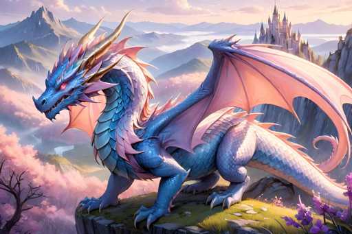 This detailed digital artwork depicts a majestic blue dragon with pink accents, standing on a grassy cliff. The dragon, facing left, showcases its impressive wings, which are pink with blue outlines, and a long, curling tail. Its body is adorned with scales, and it has striking red eyes and golden horns. The dragon's head features a distinctive blue beard and a pink mane, adding to its regal appearance. The scene is set against a backdrop of a vast mountain range, with a castle nestled in the upper right corner. The sky is a blend of pink and blue hues, with clouds scattered throughout. In the lower left corner, a tree with pink leaves adds a touch of whimsy to the landscape. The overall composition is vibrant and richly detailed, creating a fantastical and enchanting atmosphere.