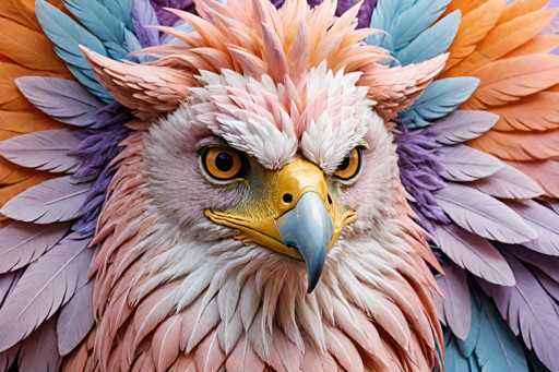 This image features a highly detailed, close-up view of a bird's head, likely a bald eagle, though it has been artistically colored. The bird's head is predominantly white, with a striking yellow beak that has a blue tip. Its piercing orange eyes with black pupils are intense and focused. The feathers on the head are a mix of white and pink, giving it a unique appearance. Surrounding the head, the feathers transition into a vibrant array of colors: orange, blue, and purple, creating a rainbow-like effect. The feathers on the neck are primarily white and pink, while the wings showcase a beautiful blend of these colors. The overall composition is a stunning, colorful portrayal of the bird, with no text present in the image.