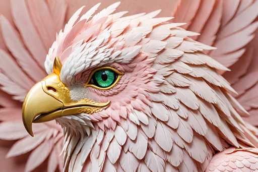 This image features a highly detailed, computer-generated rendering of a fantastical bird that combines elements of an eagle and a swan. The bird's head is predominantly white, transitioning into a pink hue towards the back of its neck and body. Its beak is a striking gold color, with a visible nostril on the side. The bird's eyes are a vivid green, surrounded by a yellow outline, and it has a fierce, intense gaze directed to the left. The feathers on its head are short and spiky, while those on its body are long and flowing, creating a dynamic, almost ethereal appearance. The background is a soft pink, complementing the bird's coloration. The overall composition is rectangular, with the bird's head positioned centrally, making it the focal point of the image.