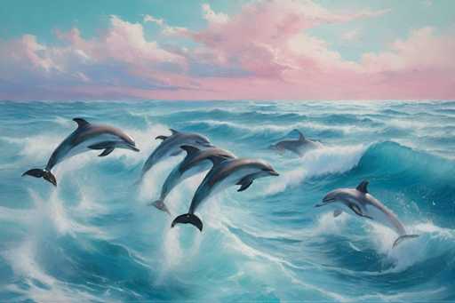 The image depicts six dolphins leaping out of the ocean and into the air against a backdrop of a pink sky with clouds. The perspective is from below, looking up at the dolphins as they soar above the water.