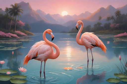 This is a detailed, computer-generated image of two flamingos standing in a serene pond at sunset. The flamingos, with their distinctive pink feathers, are positioned facing each other, with one slightly taller than the other. The shorter flamingo on the left has its head turned down towards the water, while the taller one on the right has its head slightly tilted down. The pond is adorned with lily pads and pink flowers, adding to the tranquil atmosphere. Surrounding the pond are lush green trees and bushes, with palm trees visible on the left side. In the background, a majestic mountain range stretches across the horizon, with the sun setting in the center, casting a warm glow over the entire scene. The sky is painted in hues of pink and purple, enhancing the peaceful ambiance of this picturesque landscape.