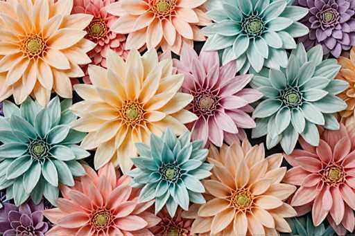 The image shows a close-up view of a vibrant collection of flowers with various colors and sizes arranged in a circular pattern against a dark background. The flowers include pink, blue, yellow, green, and purple hues, creating a visually striking contrast that draws the viewer's attention to their intricate details.

There are at least 14 distinct flowers visible in the image, each exhibiting unique characteristics such as petal shape, size, and color. Some of the flowers appear larger than others due to their position within the circular arrangement, while others seem smaller or more compact depending on their distance from the viewer's perspective. The precise location of each flower is not discernible without a clear view of the background, but it is evident that they are part of an intentional and well-organized floral display.

The image does not contain any text or additional objects, making it a purely visual representation of the flowers' arrangement.
