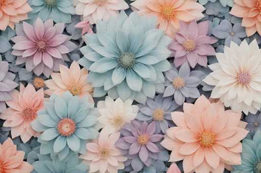 This image showcases a vibrant and detailed arrangement of flowers, likely a painting or a digital creation, featuring a diverse palette of colors and intricate details. The flowers, which resemble chrysanthemums, are depicted in various hues including light blue, light purple, light pink, peach, and white. Each flower has a central cluster of tiny, hair-like structures that form the stamen, adding to the realistic texture. The petals vary in shape, with some being more rounded and others more pointed, contributing to the overall dynamic composition. The flowers are densely packed together, creating a lush and colorful display that fills the entire frame. The background is a subtle blend of light blue and purple, enhancing the vividness of the flowers in the foreground. The image is devoid of any text, allowing the viewer to fully appreciate the beauty and intricacy of the floral arrangement.
