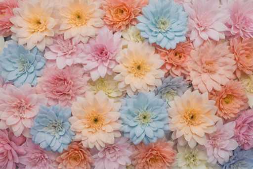 The image shows a close-up view of a vibrant array of flowers in various colors including pink, blue, orange, and yellow. The flowers are arranged in a way that creates an impression of depth and dimension, with some overlapping each other to give the impression of a larger bouquet.