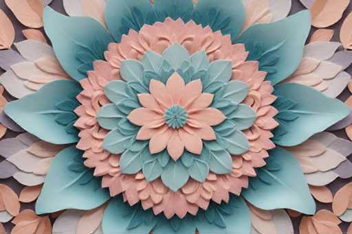 The image shows a large flower-like design composed of multiple layers and colors including pink, blue, green, and white. The flower is the central focus, surrounded by smaller leaves that add depth to the overall composition. The background features a gradient of purple and brown tones, providing a contrast to the vibrant colors of the flower.