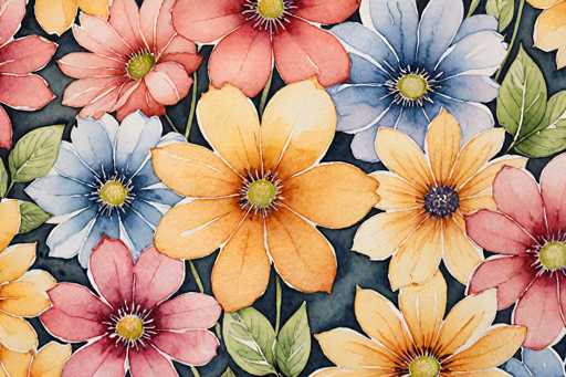 This image is a detailed watercolor painting of a vibrant floral arrangement, set against a dark blue background. The composition features an array of flowers with distinct characteristics. In the center, there is a prominent yellow flower with six petals, each adorned with a white line down the middle, and a green center. Surrounding this central flower are various other blooms: to the left, a blue flower with a yellow center, and below it, a red flower with a yellow center. To the right of the central yellow flower, there is another blue flower with a yellow center, and below it, a yellow flower with a purple center. Further to the right, a red flower with a yellow center is depicted. The painting also includes green leaves interspersed among the flowers, adding to the lushness of the scene. The overall effect is a harmonious and colorful display of flora, with each flower contributing to the rich tapestry of the artwork.