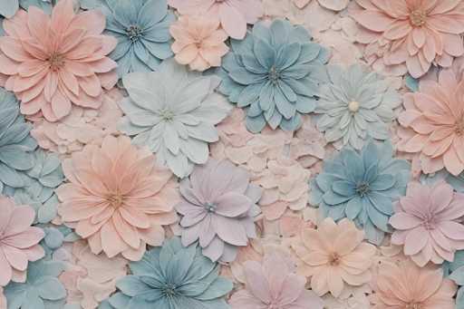 The image showcases a meticulously crafted collage of paper flowers, arranged in a landscape orientation. The flowers, which appear to be made from crepe paper, are layered in a seemingly random yet harmonious pattern, creating a visually captivating composition. The color palette is predominantly pastel, featuring shades of pink, peach, light blue, and lavender. The flowers vary in size and shape, with some being round and others more oval, each adorned with multiple layers of petals. The centers of the flowers are detailed with small, darker circles, adding depth to the design. The overall effect is a soft, dreamy aesthetic that evokes a sense of delicate beauty and craftsmanship.
