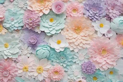 The image showcases a vibrant and meticulously arranged collection of artificial flowers, each with unique and colorful designs. The flowers are diverse in shape and size, featuring a palette of light blue, light pink, purple, white, and peach hues. Some flowers are round with yellow centers, while others have a variety of petal shapes, including some that resemble roses. The flowers are densely packed together, creating a lush and abundant display that fills the entire frame. The background is a light gray, which enhances the vivid colors of the flowers. The overall composition is visually striking, with the flowers appearing almost three-dimensional due to their intricate details and varied textures.