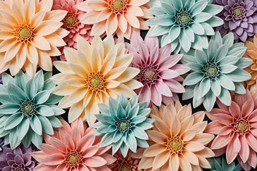This image showcases a vibrant and detailed arrangement of flowers, possibly computer-generated or a photograph, featuring a diverse palette of colors. The flowers are depicted in various hues including light orange, peach, pink, light blue, green, and purple. Each flower has a distinct center, with some centers being green and others orange, adding to the visual diversity. The petals of the flowers vary in shape, with some being long and others short, contributing to the overall dynamic composition. The flowers are densely packed together, creating a lush and colorful display. The image is rectangular, approximately six inches wide and four inches high, with no visible background, focusing entirely on the flowers. The arrangement includes flowers of different sizes, with some appearing larger and more prominent, while others are smaller and partially obscured. The overall effect is a rich tapestry of floral beauty, with no text or additional elements to distract from the colorful blooms.