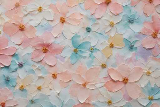 The image depicts a detailed and vibrant painting of numerous flowers, each with five petals, arranged in a seemingly random yet harmonious pattern. The flowers vary in color, including shades of pink, peach, white, light blue, dark blue, yellow, and purple. Some flowers are fully open, while others are partially closed, adding to the dynamic nature of the composition. The background is a blend of light blue and purple hues, enhancing the overall color palette. The flowers are densely packed, with some overlapping, creating a lush and textured appearance. The painting is rectangular, approximately six inches wide and four inches high, with no visible border or text. The flowers are evenly distributed across the entire canvas, giving the impression of a natural, yet artistically curated floral arrangement.