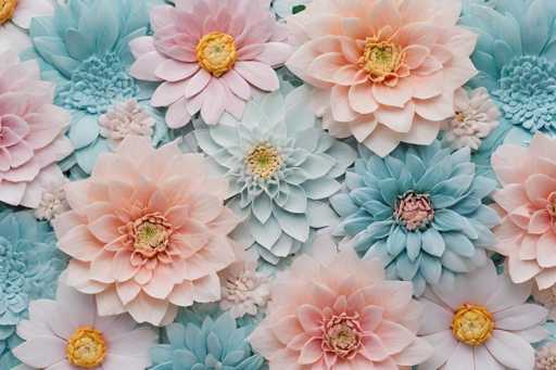 This image showcases a vibrant and detailed arrangement of flowers, predominantly featuring shades of pink and blue. The flowers are meticulously organized in rows, creating a visually appealing pattern. The petals of these flowers vary in shape, with some being long and slender while others are short and wide. The centers of the flowers are a striking yellow, adding a bright focal point to the composition. The overall effect is a harmonious and colorful display of floral beauty.