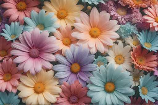 The image shows a close-up view of a vibrant bouquet of flowers with various colors and sizes. The flowers include pink, blue, yellow, and white petals arranged in an overlapping manner to create a sense of depth and dimension. The background is blurred, drawing focus to the colorful foreground.