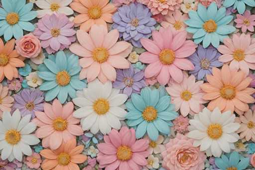 This image features a vibrant and detailed floral arrangement, possibly a painting or a collage, showcasing a diverse array of flowers. The composition includes approximately 20 to 30 flowers of various sizes, shapes, and colors. Predominantly, there are large flowers with around 10 to 15 petals each, in hues of light blue, pink, orange, and white. These flowers are arranged in a seemingly random pattern, creating a lively and dynamic visual effect. Interspersed among these larger blooms are smaller flowers, including delicate roses and tiny purple flowers, adding depth and contrast to the overall composition. The flowers are densely packed, with no visible background, emphasizing the rich tapestry of colors and forms. The image is rectangular, measuring approximately six inches wide by four inches high, and captures the essence of a lush, colorful garden scene.