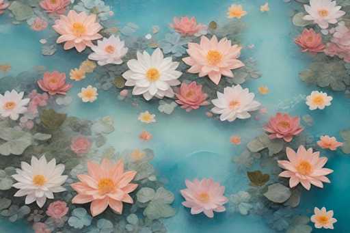 This image is a detailed, artistic painting of a serene pond scene. The pond water is a light blue, almost turquoise hue, with a slightly foggy appearance that adds depth to the composition. The surface of the water is adorned with an array of lotus flowers in various shades of pink, white, and peach, each with a yellow center. Some of the flowers are fully bloomed, while others are still in bud form. The lotus leaves are a mix of green and grayish-green, with some appearing almost black, adding a touch of contrast. The painting captures the delicate nature of the flowers and the subtle ripples on the water's surface, creating a tranquil and picturesque scene.