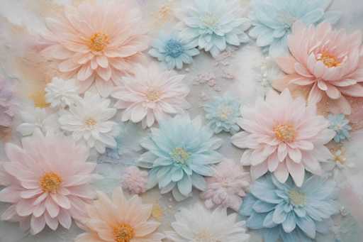 This image features a detailed and vibrant painting of numerous flowers, primarily resembling daisies. The flowers are depicted in a variety of colors, including shades of pink, white, light blue, and peach. Each flower has a distinct center, with some displaying yellow centers and others white. The petals vary in size, with some flowers having larger petals and others smaller ones. The background is a blend of white and gray tones, creating a subtle contrast that highlights the flowers. The painting appears to be created on a flat surface, possibly a canvas or a wall, and the flowers are arranged in a seemingly random yet harmonious pattern. The overall composition is bright and clear, with ample lighting enhancing the vividness of the colors.