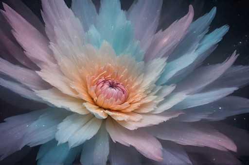 The image shows a close-up view of a flower with multiple layers and colors. The petals are a mix of pink, blue, green, and white hues, creating a vibrant and dynamic visual effect. The center of the flower is a bright orange color, drawing attention to its unique shape and structure. The background is dark and out of focus, allowing the flower to be the focal point of the image.