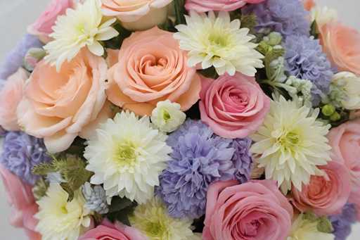 This image showcases a vibrant and meticulously arranged bouquet of flowers. The bouquet features a harmonious blend of colors, including shades of pink, peach, white, and purple. The flowers are diverse in type, with some resembling carnations and others appearing to be roses. The arrangement is dense and lush, with the flowers tightly packed together, creating a full and abundant appearance. The bouquet is set against a plain white background, which accentuates the vivid colors and intricate details of the flowers. The overall composition is visually striking, highlighting the natural beauty and variety of the floral selection.