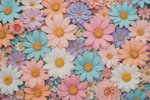 The image shows a close-up view of a vibrant floral arrangement composed of various types of flowers and plants. The colors predominantly used are pink, white, blue, green, and orange, creating a visually appealing contrast against the backdrop. The flowers appear to be meticulously crafted from paper or fabric, adding an artistic touch to the scene.