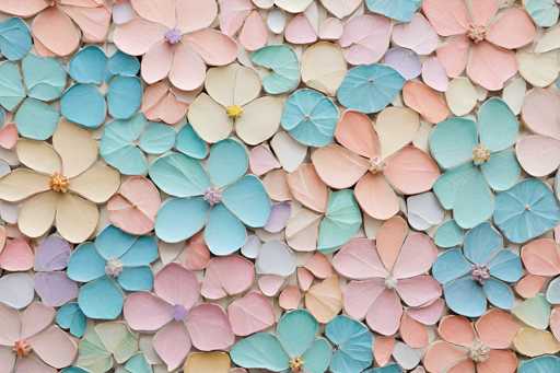 The image depicts a meticulously crafted collage of paper flowers, each with five petals, arranged in a rectangular frame. The flowers are predominantly in shades of pink, peach, and light blue, with some featuring yellow centers. The petals vary in shape, with some being rounder and others more oval. The collage is set against a white background, enhancing the vibrant colors of the flowers. Notably, the top left corner showcases a cluster of blue petals, while the bottom right corner features a mix of pink and peach petals. The overall composition is visually appealing, with the flowers appearing to be cut from construction paper and carefully placed to create a harmonious and colorful display.