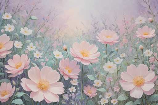 This image is a detailed painting of a lush, vibrant field filled with an array of flowers. Dominating the scene are large, pink flowers with yellow centers, which are scattered throughout the foreground. Interspersed among these are smaller white flowers, also with yellow centers, adding a delicate contrast. The background is a blend of light purples, pinks, and blues, creating a dreamy, almost ethereal atmosphere. The sky above is a mix of white and light purple hues, with a hint of sunlight peeking through, suggesting a serene, early morning or late afternoon setting. The painting captures the essence of a wild, natural field, with flowers of various sizes and colors, including some that are still in the budding stage. The overall effect is one of tranquility and beauty, with the flowers appearing to sway gently in a breeze.