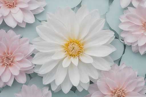 This image features a close-up of a large, white flower with numerous petals arranged in a circular pattern, resembling a daisy. The flower's center is a yellowish-white, with a slightly fuzzy texture. Surrounding this central bloom are several other flowers of the same species, each with pinkish-white petals. These flowers are positioned at various angles, creating a dynamic composition. The background consists of light blue, almost teal leaves that appear to be cut out, adding a unique, artistic touch to the image. The overall effect is a harmonious blend of white and pink flowers against a soft blue backdrop, with the central flower drawing the viewer's attention due to its size and prominent placement.