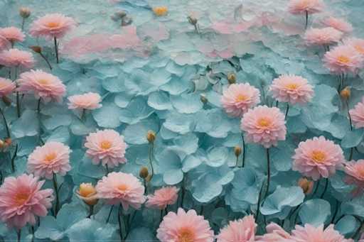 The image shows a close-up view of pink flowers with green leaves arranged in a circular pattern on a light blue background. The flowers appear to be floating or suspended in the air due to their position and the way they are depicted against the backdrop.