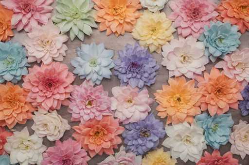 The image showcases a vibrant and meticulously arranged collection of flowers, possibly artificial, laid out on a light gray or beige surface. The flowers are organized in a grid-like pattern, with each row containing approximately six to seven blooms. The variety of colors is striking, featuring shades of pink, light blue, purple, orange, yellow, and white. The flowers appear to be of similar sizes, contributing to a harmonious and balanced composition. The background is a neutral gray, which allows the vivid colors of the flowers to stand out prominently. The overall effect is a visually appealing and colorful display that captures the eye and evokes a sense of freshness and vitality.