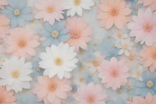 The image shows a close-up view of a vibrant floral pattern composed of numerous flowers in various shades and sizes. The flowers are predominantly pink and white, with some blue and orange accents adding to the diversity of colors. The flowers appear to be floating or suspended from a surface, creating an illusion of depth and dimension.