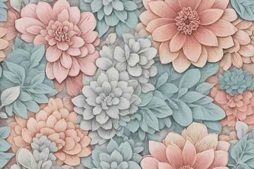 This image is a detailed, close-up view of a painting or drawing featuring a vibrant array of flowers and leaves. The composition is filled with an assortment of flowers in various shades of pink, ranging from light to dark, with some appearing almost white. The flowers are depicted in different stages of bloom, with some fully open and others still closed. Interspersed among the flowers are green leaves, varying in color from light to dark green, and some with a bluish tint. The flowers and leaves are densely packed, creating a lush, almost overlapping effect that fills the entire frame. The overall style is reminiscent of a watercolor painting, with a soft, delicate aesthetic that highlights the intricate details of each flower and leaf.