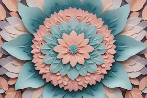 This image showcases a meticulously crafted, three-dimensional flower that appears to be made from paper or possibly clay. The flower is composed of multiple layers of petals, creating a rich, textured appearance. At the center, there is a small, circular core of light blue petals. Surrounding this core are layers of petals in varying shades of pink, ranging from light to dark pink. The outermost layer features large, light blue petals that extend beyond the frame of the image. The entire flower is set against a dark gray background, which enhances its vibrant colors and intricate details. The overall composition is highly symmetrical, with each layer of petals perfectly balanced, giving the flower a harmonious and elegant look.