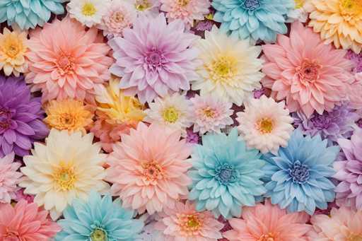 This image showcases a vibrant and colorful array of flowers, meticulously arranged in a flat, overlapping pattern. The flowers are diverse in shape and size, with some featuring long, thin petals while others have shorter, more compact blooms. The color palette is rich and varied, including shades of pink, purple, yellow, orange, blue, and white. Each flower is distinct, with some displaying multiple layers of petals and others having a more streamlined appearance. The flowers are densely packed together, creating a lush and textured visual effect. The overall composition is visually striking, with the flowers' colors and forms blending harmoniously to create a captivating display.
